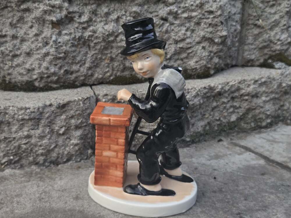 Vintage Dresden Style German Porcelain Chimney Sweep Boy Figurine Brick Chimney